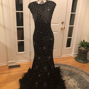 Betsy & Adam Swarovski & Black Lace Evening Gown